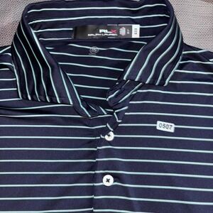 RLX Ralph Lauren Mens L Golf Polo Shirt Navy Green Stripe Short Sleeve